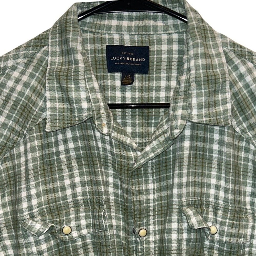 Lucky Brand Western Pearl Snap Shirt Large Mens Green White Plaid Short Sleeve